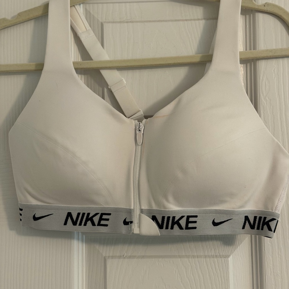 Nike White Front-Zip Medium Support Sports Bra with Branded Band